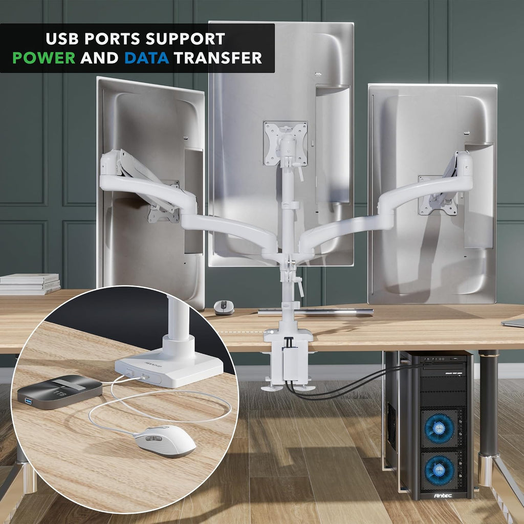 Mount-It! Triple Monitor Mount, 3 Monitor Desk Mount, Gas Spring Arms, Fits 13–27' Screens, VESA 75 & 100, Clamp or Grommet, USB-A & USB-C, White