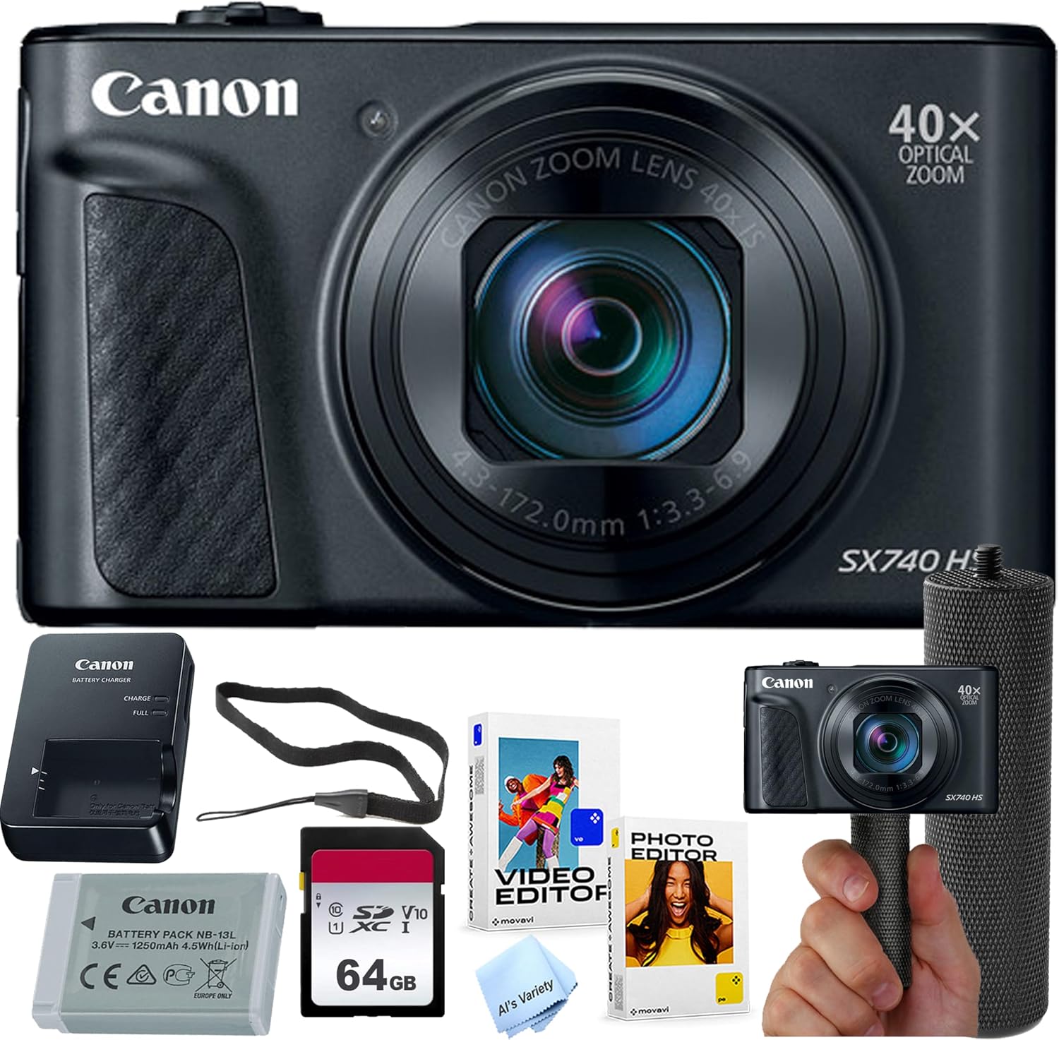 Canon Powershot SX740 HS Digital Camera (Black) + 64GB Memory + Stabilizing Grip + Software Pack +More (Value Bundle) (Renewed)