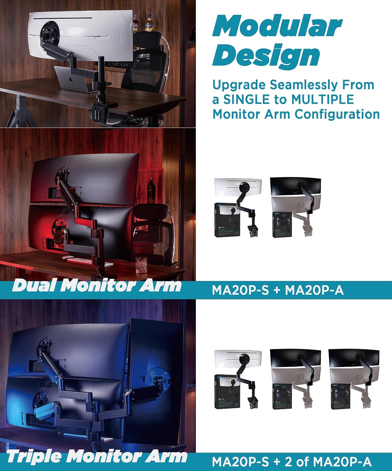 ULTRARM Heavy Duty Monitor Arm for Ultrawide Monitors up to 57' and 44 lbs, Single Desk Stand, Pneumatic Height Adjustable, Modular Extension Arms - Max VESA 100x100, Black, MA20P-S