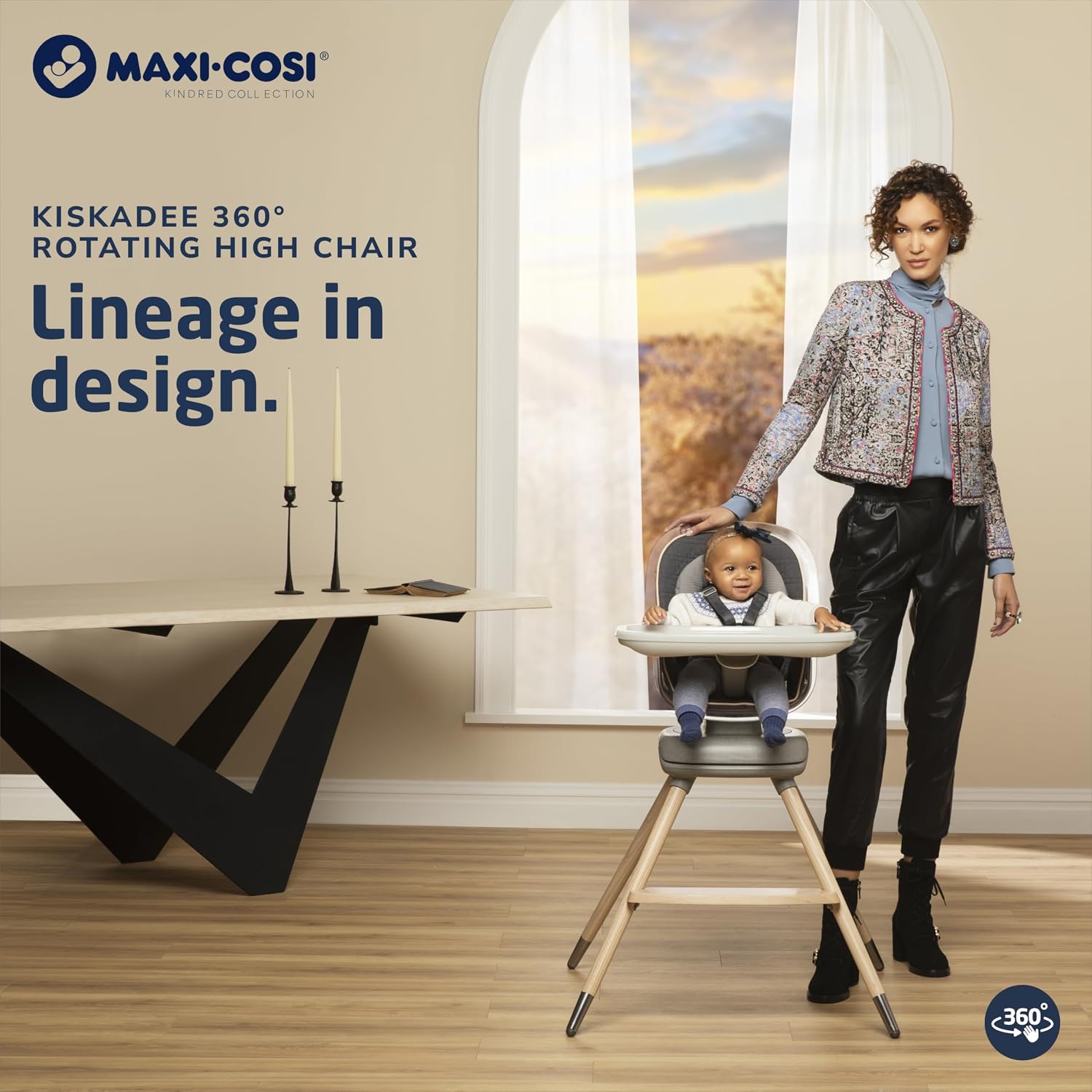 Maxi-Cosi Kiskadee 360 Rotating High Chair, 7 Modes, Infant to 5 Years up to 50 lbs, ClipQuik Magnetic Clip, 3-Position Tray, Washable Pad, Infant Recline, Booster Seat, Child Stool, Onyx Heritage