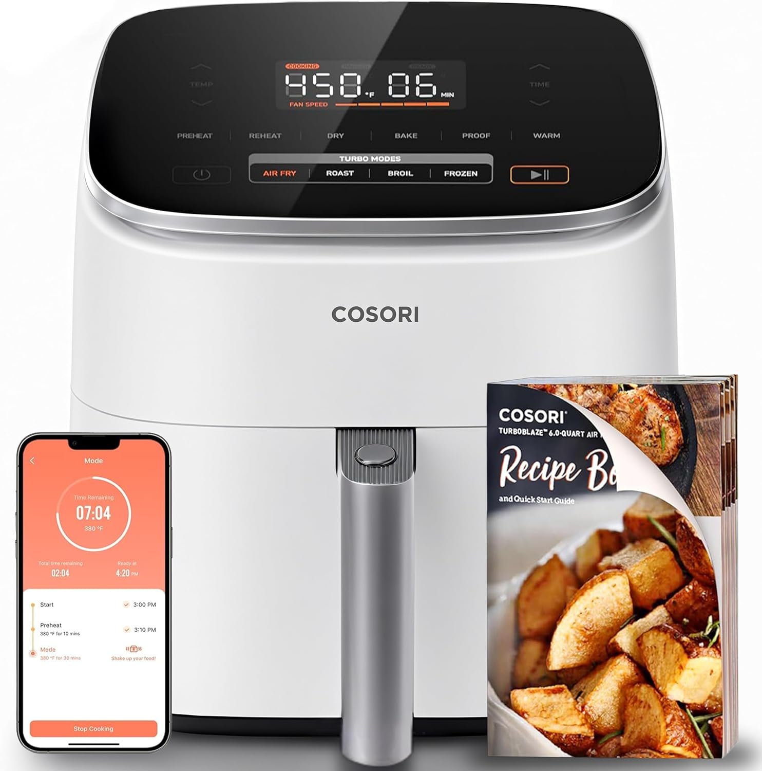 Cosori 9-in-1 TurboBlaze Air Fryer 6 Qt, Smart Control, 90°–450°F, Shake Reminders, Precise Heating for Even Results, Air Fry, Roast, Bake, Broil, Dry, Frozen, Proof, Reheat, Keep Warm, 120V, Cream