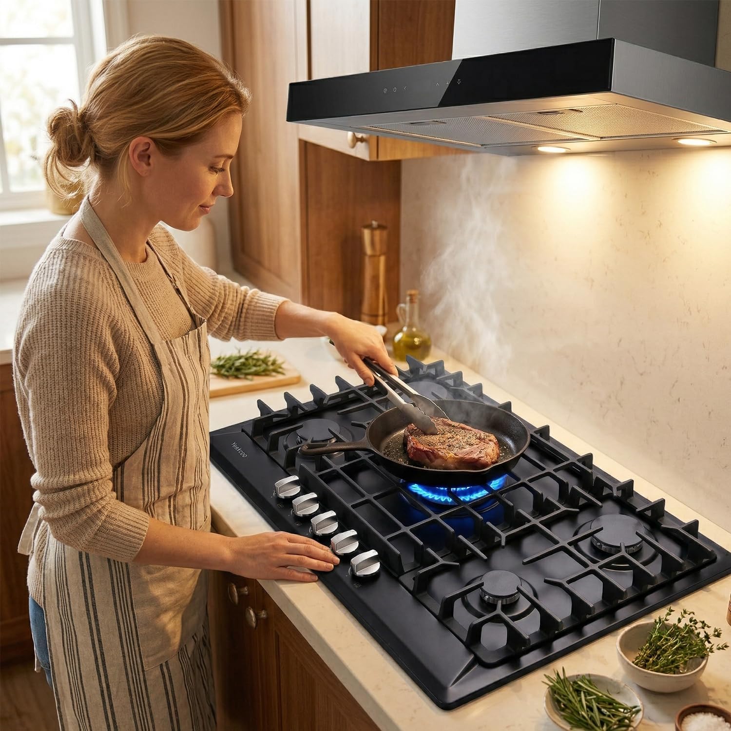 30 Inch Gas Cooktop, Built-in 5 Burners Stainless Steel Gas Stovetop Propane/Natural Gas Convertible Stove Top Dual Fuel Gas Hob (Black)
