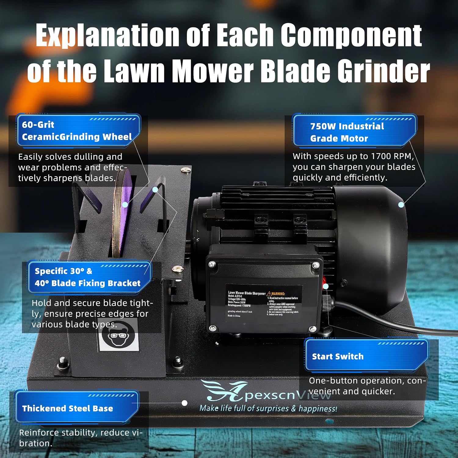 Lawn Mower Blade Sharpener, 1HP 750W Lawn Mower Blade Grinder with 9 in Ceramic Wheel, Flat Blades, Sharpens High/Low Lift, Adjustable Angle Bracket and Blade Balancer, Etc.