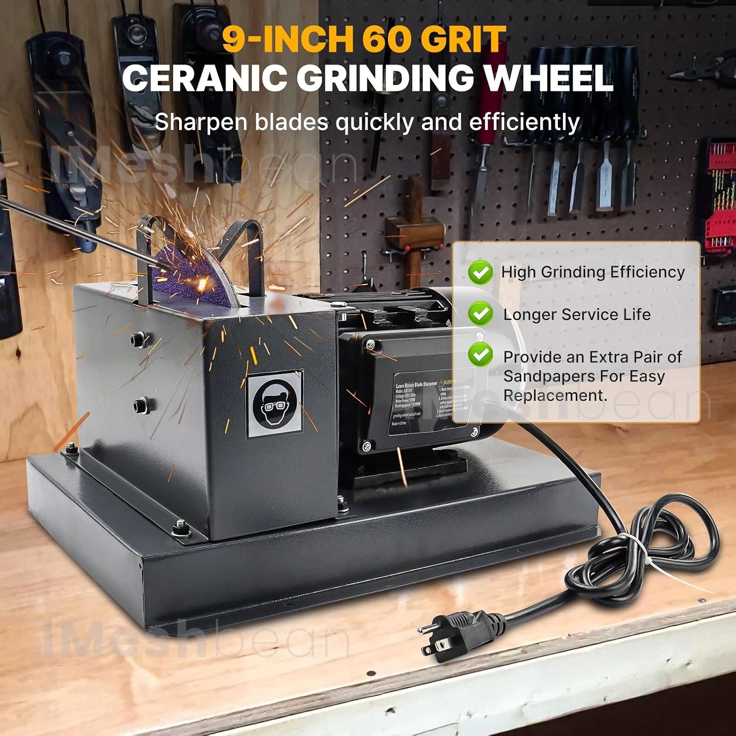 iMeshbean 1HP 750W Lawn Mower Blade Sharpener, Lawnmower Blade Grinder with 9-inch Grinding Wheel, Heavy-Duty Sharpening Machine for High/Low Lift, Gator & Flat Blades