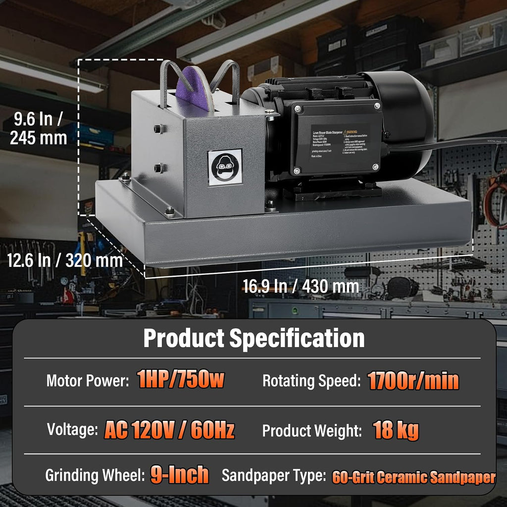 Lawn Mower Blade Sharpener – 1HP 750W Lawnmower Bench Grinder with 9-Inch Ceramic Grinding Wheel, Extra 60-Grit Ceramic Sandpapers, and 30°/40° Brackets for High/Low Lift, Gator & Flat Blades