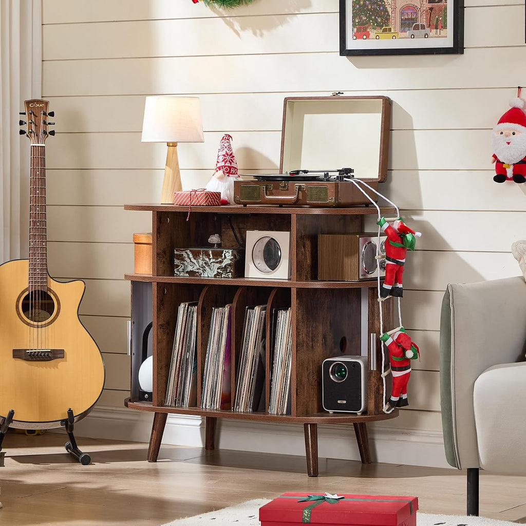 LELELINKY Small Round Record Player Stand with Charging Station & Fluted Panel, Brown Mid Century Modern Turntable Cabinet with Vinyl Storage, Arched Wood Record Player Table for Living Room