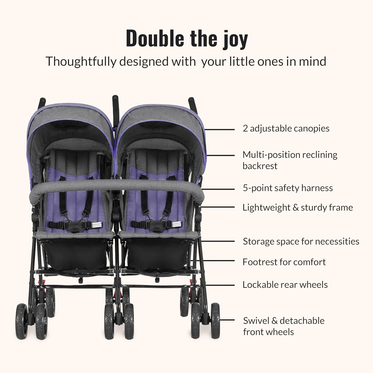 Dream On Me Volgo Twin Baby Stroller, Lightweight Side-by-Side Double Umbrella Stroller with Adjustable Canopy, 5-Point Harness, Storage Basket & Travel-Friendly Fold – Purple