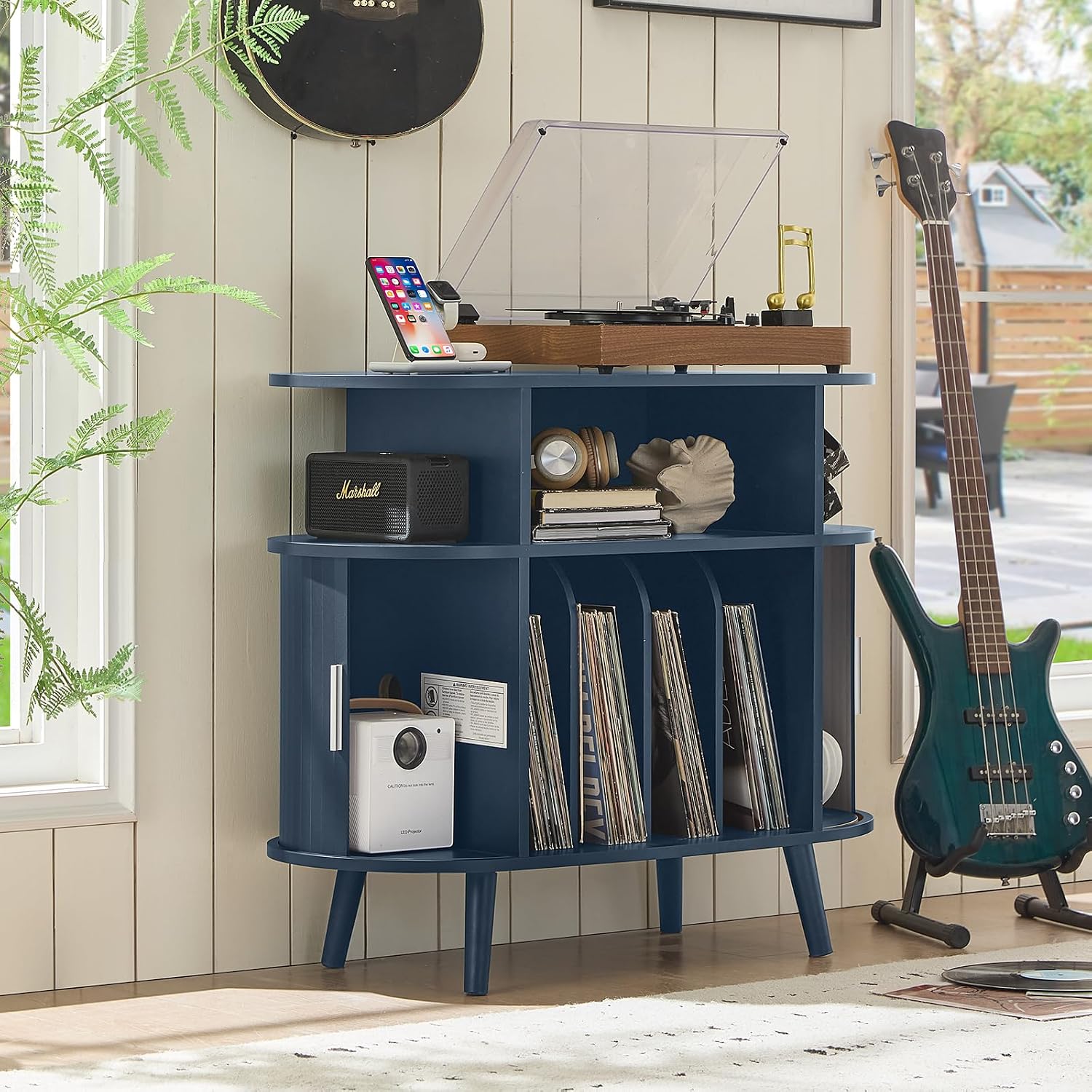 LELELINKY Small Round Record Player Stand with Charging Station & Fluted Panel,Navy Blue Mid Century Modern Turntable Cabinet with Vinyl Storage, Arched Wood Record Player Table for Living Room