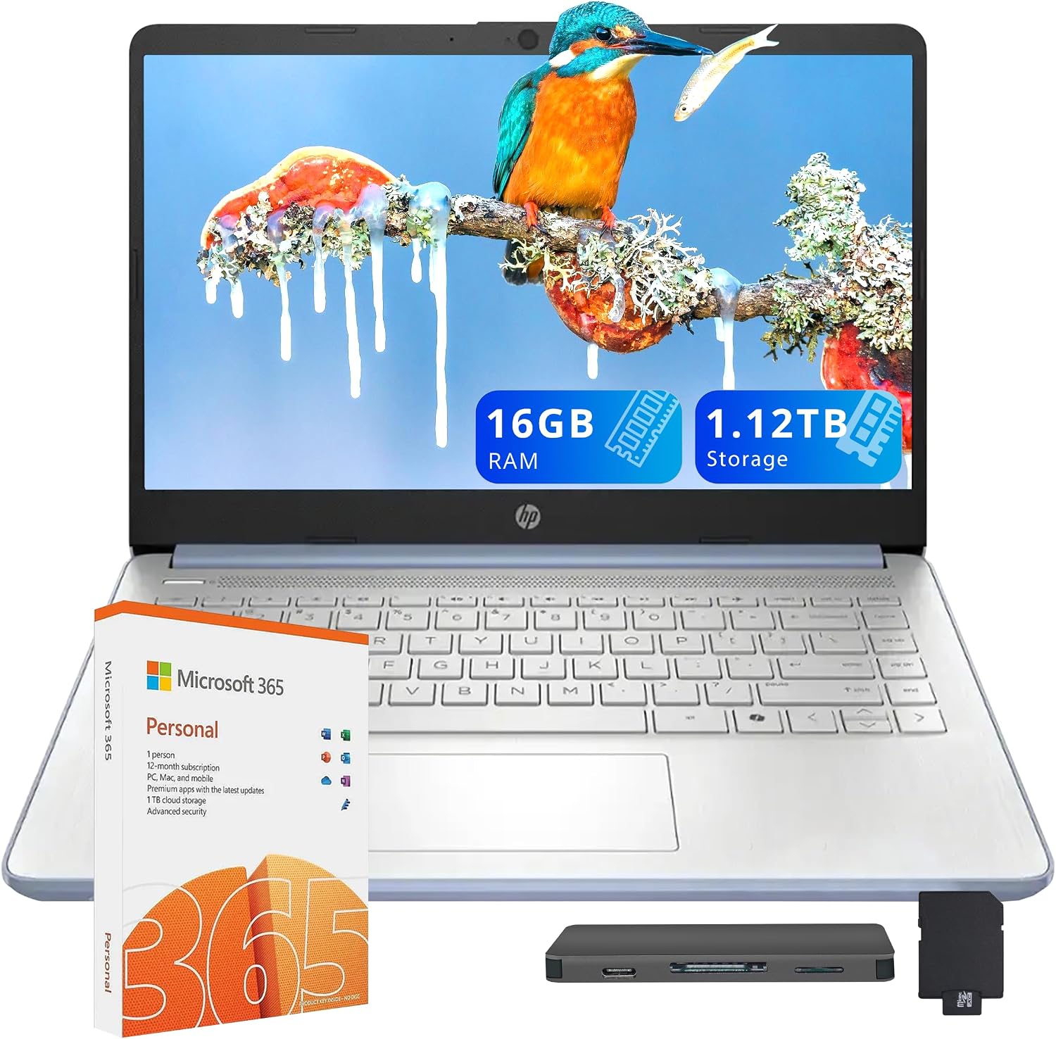 HP Stream 14' HD Laptop, Intel Processor N150, 16GB RAM, 1.12TB Storage(128GB UFS+1TB Docking Station Set), Intel Graphics, Webcam, Wi-Fi 6, 1 Year Office 365, Copilot, Fast Charge, Win 11, Blue