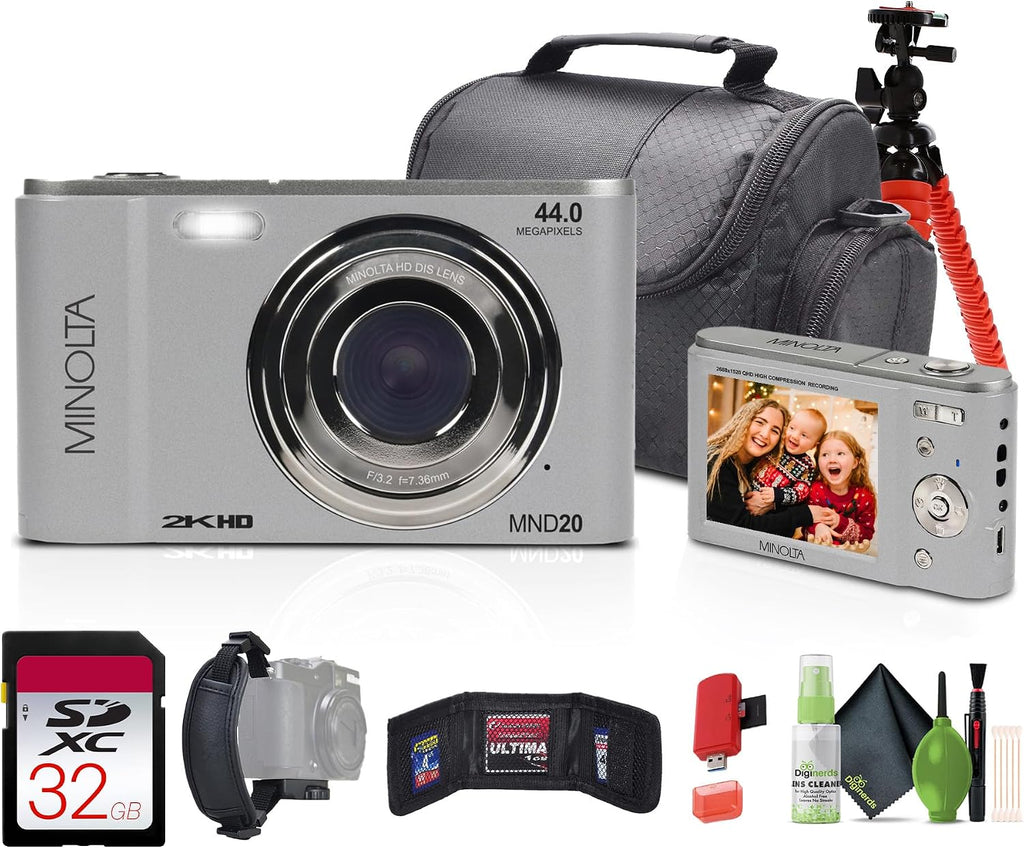 Minolta MND20 44 MP / 2.7K Quad HD Digital Camera (Silver) + 32GB Memory Card + 12 inch Flexible Tripod + Memory Card Wallet + USB Card Reader, SD/microSD + More