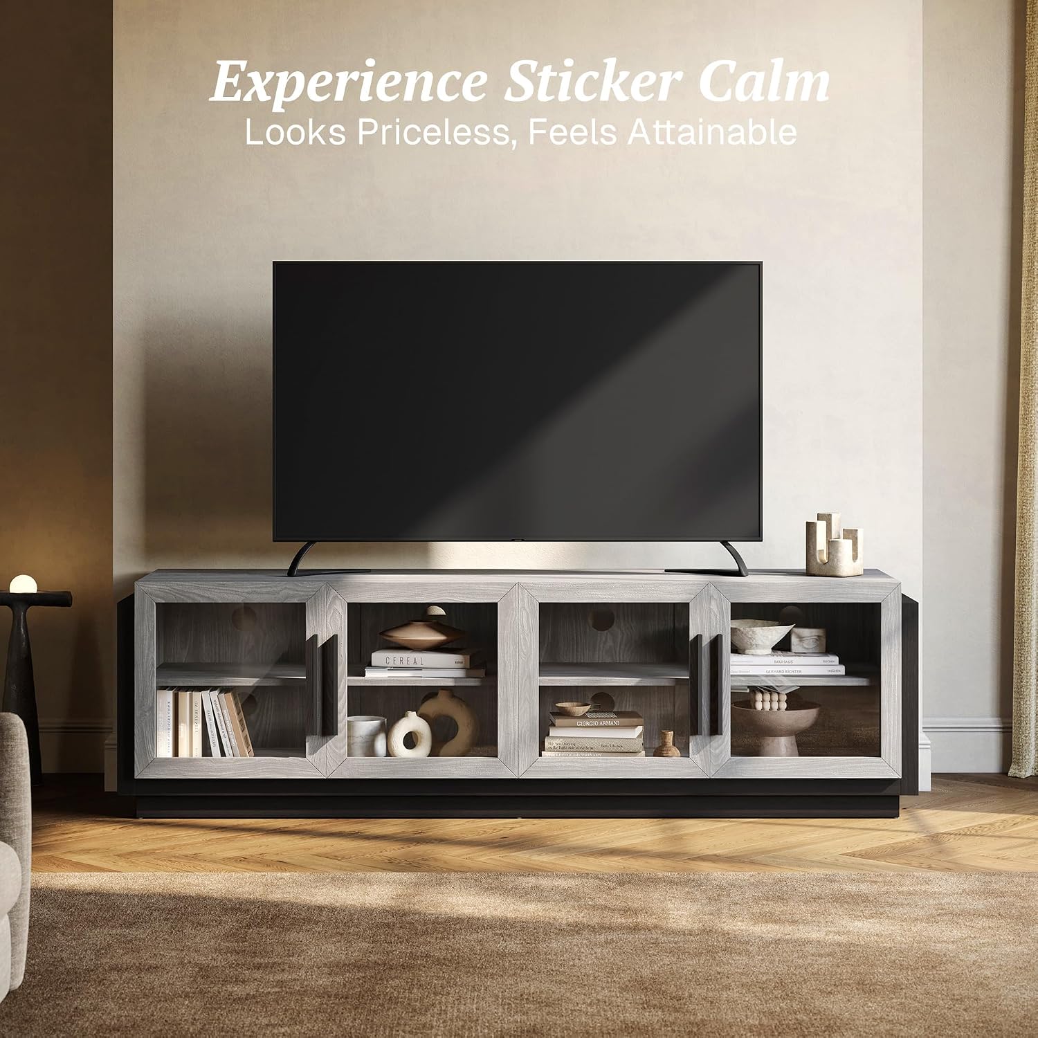 BELLEZE 70' TV Stand for TVs up to 75', Modern TV Cabinet & Entertainment Center with Shelves, Wood Storage Cabinet for Living Room or Bedroom - Brixston (Grey)