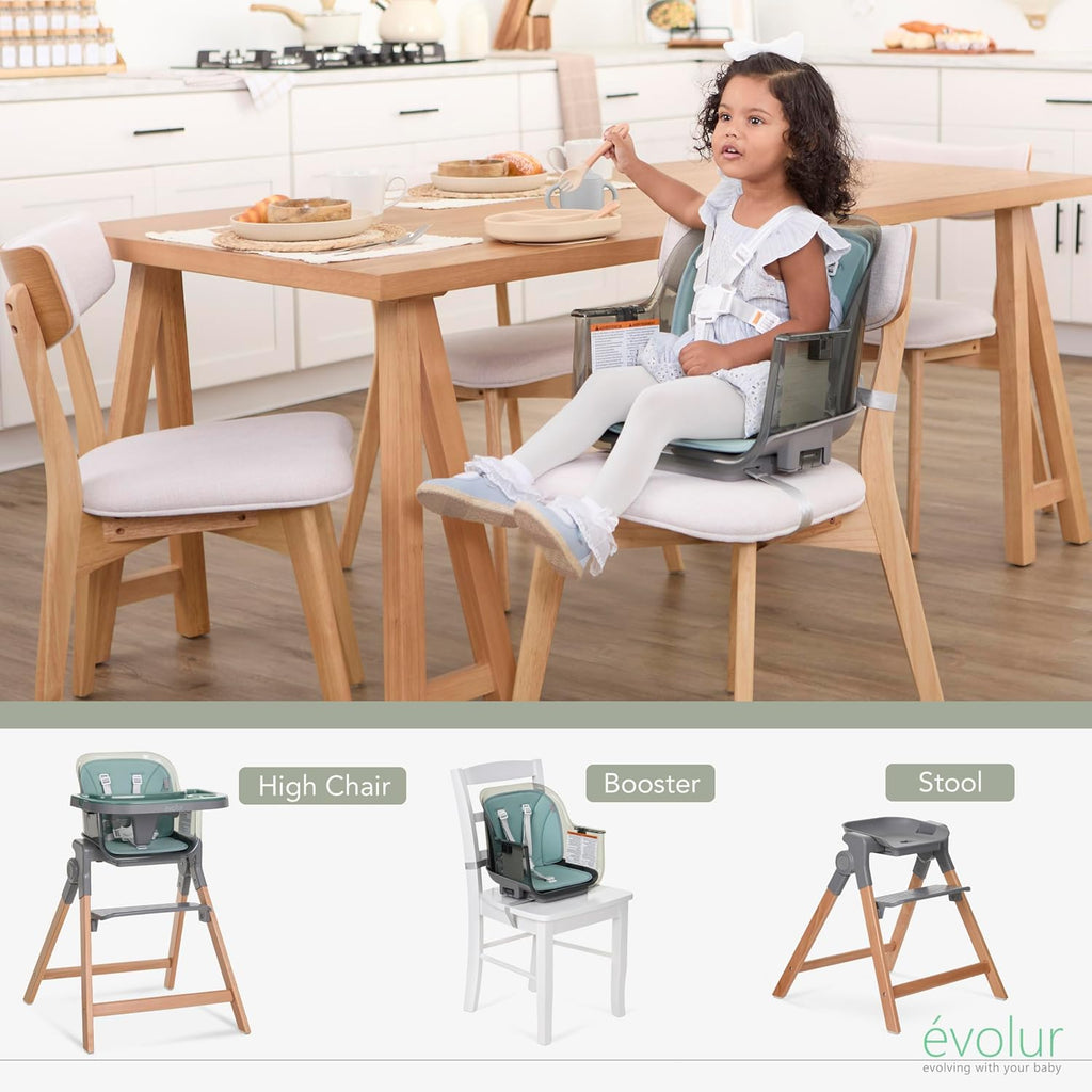 Evolur Tiny Throne 3-in-1 Convertible High Chair, Removable & Dishwasher Safe Tray, Converts to Booster Seat & Adult Stool, Easy-to-Clean Feeding Solution – Matcha Green