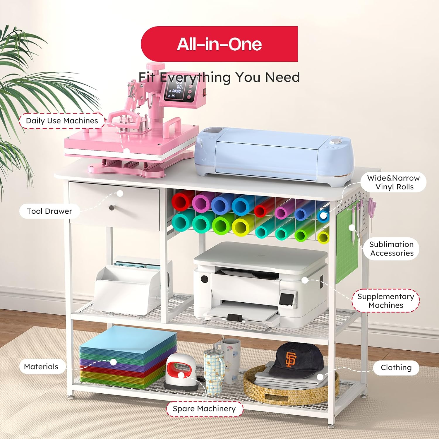 Crafit Extra Large Heat Press Table, Heat Press Stand Desk Cart with Vinyl Storage, Multi-Purpose Heavy Duty Metal Workbench for DIY Sublimation, T-Shirts Caps Mug & Tumbler Heat Transfer Projects