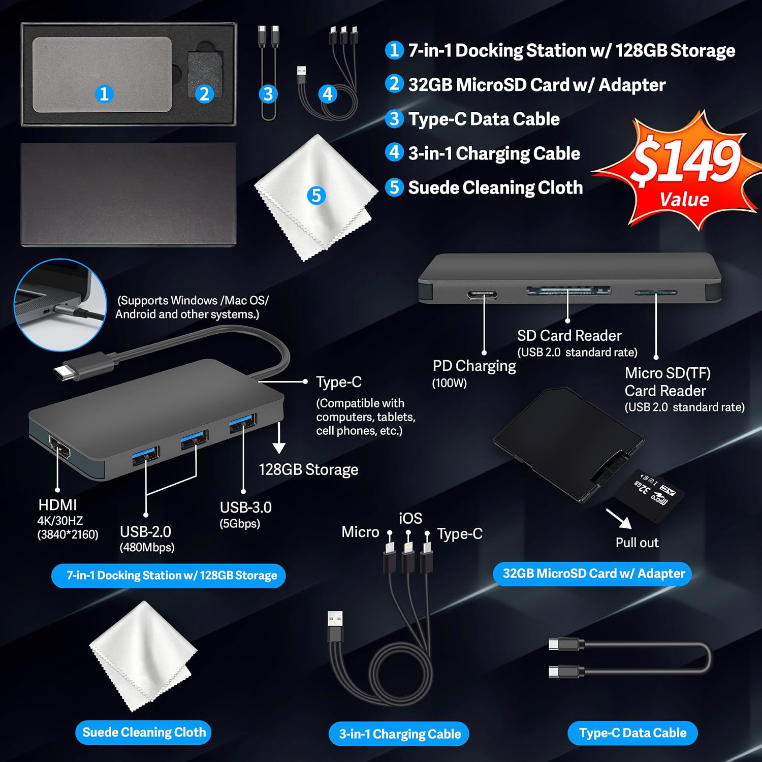 Lenovo IP Slim 3 14' FHD Chromebook, MediaTek Kompanio 520, 4GB RAM, 224GB Storage (64GB eMMC+160GB Docking Station Set), HD Webcam, Wi-Fi 6, Long-Battery Life, Chrome OS, Abyss Blue