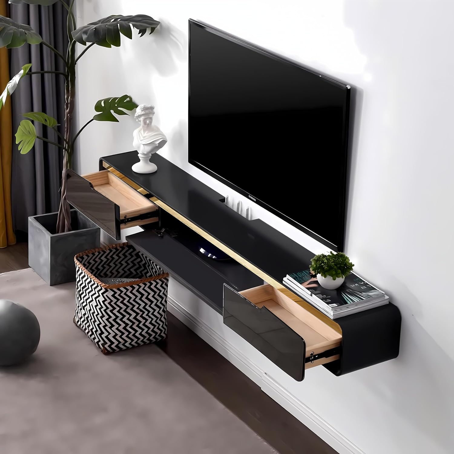 FPIGSHS Wall Mounted Media Console with 2 Drawers Solid Wood Floating TV Stand Hanging TV Shelf Entertainment Center TV Cabinet, for Home Office (C, 47.2 inches)