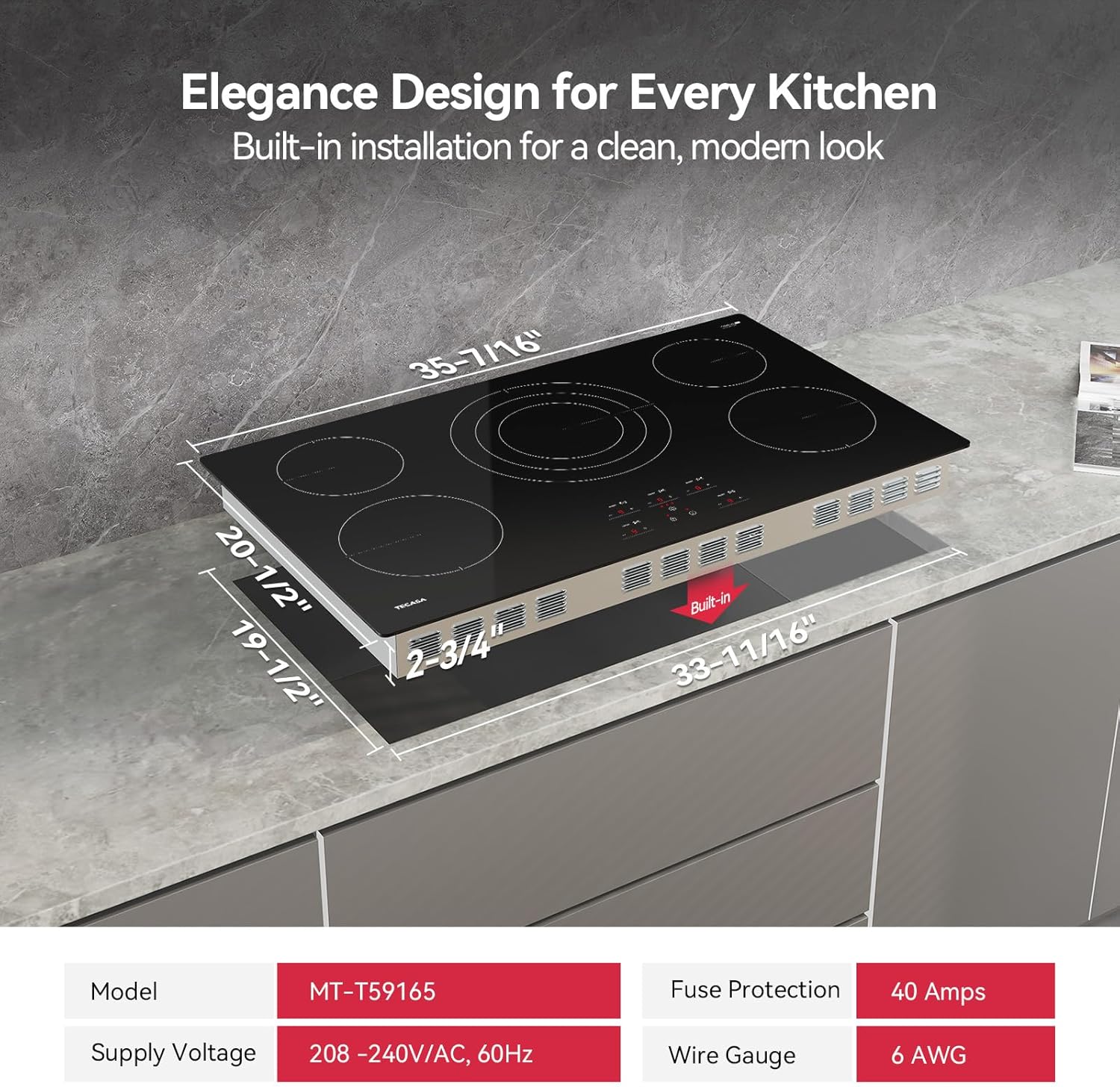 36 Inch Electric Cooktop, TECASA 9000W Radiant Electric Hob with 5 Burners, 240V Built-in Sensor Touch Control Stove Top with Child Safety Lock & Timer, 9 Heating Levels, Hard Wire (No Plug)