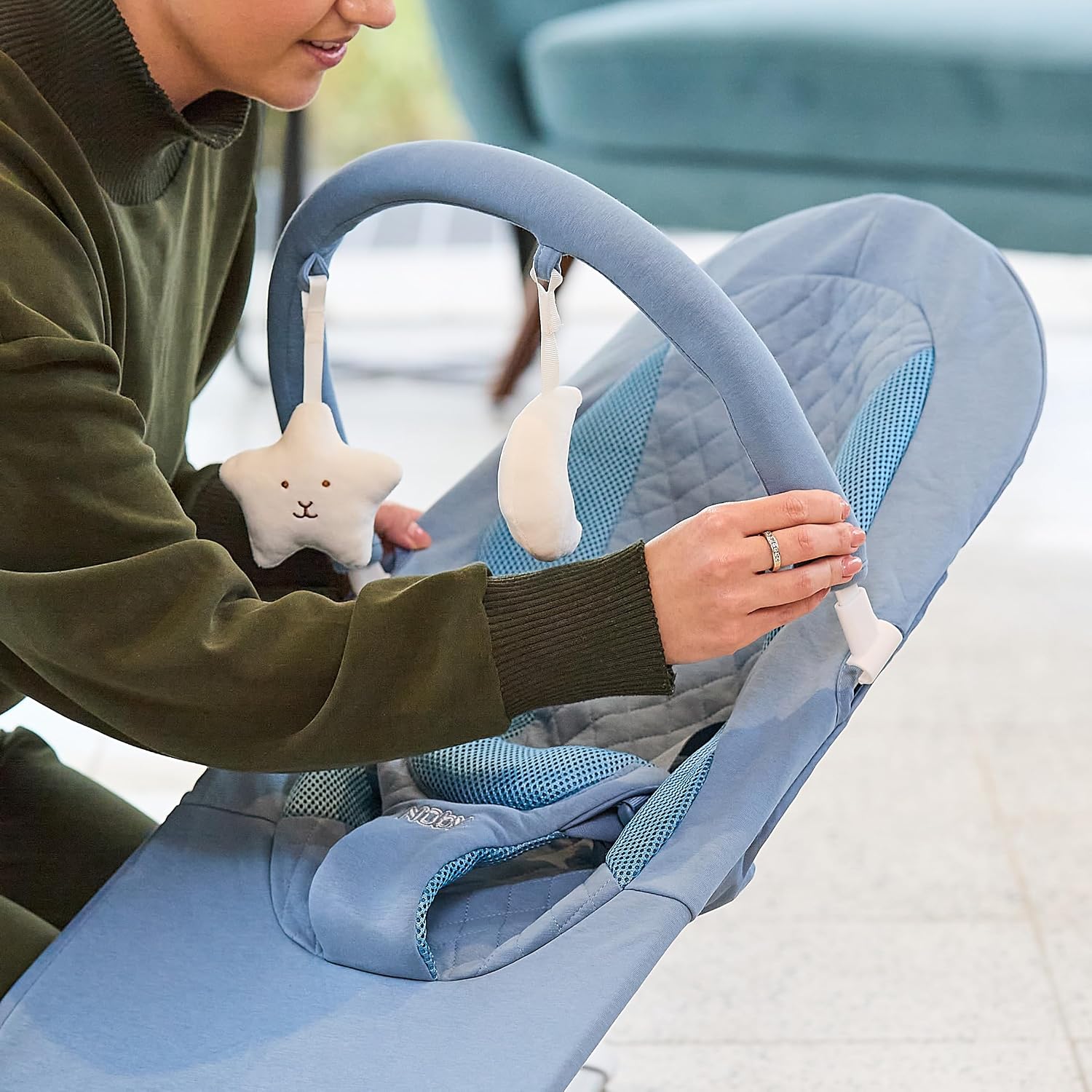 Nuby Deluxe Baby Bouncer Seat - Portable Infant Bouncer with Music, Fun Sounds, and Soothing Vibrations - Digital Display - 0-6 Months - Navy Blue