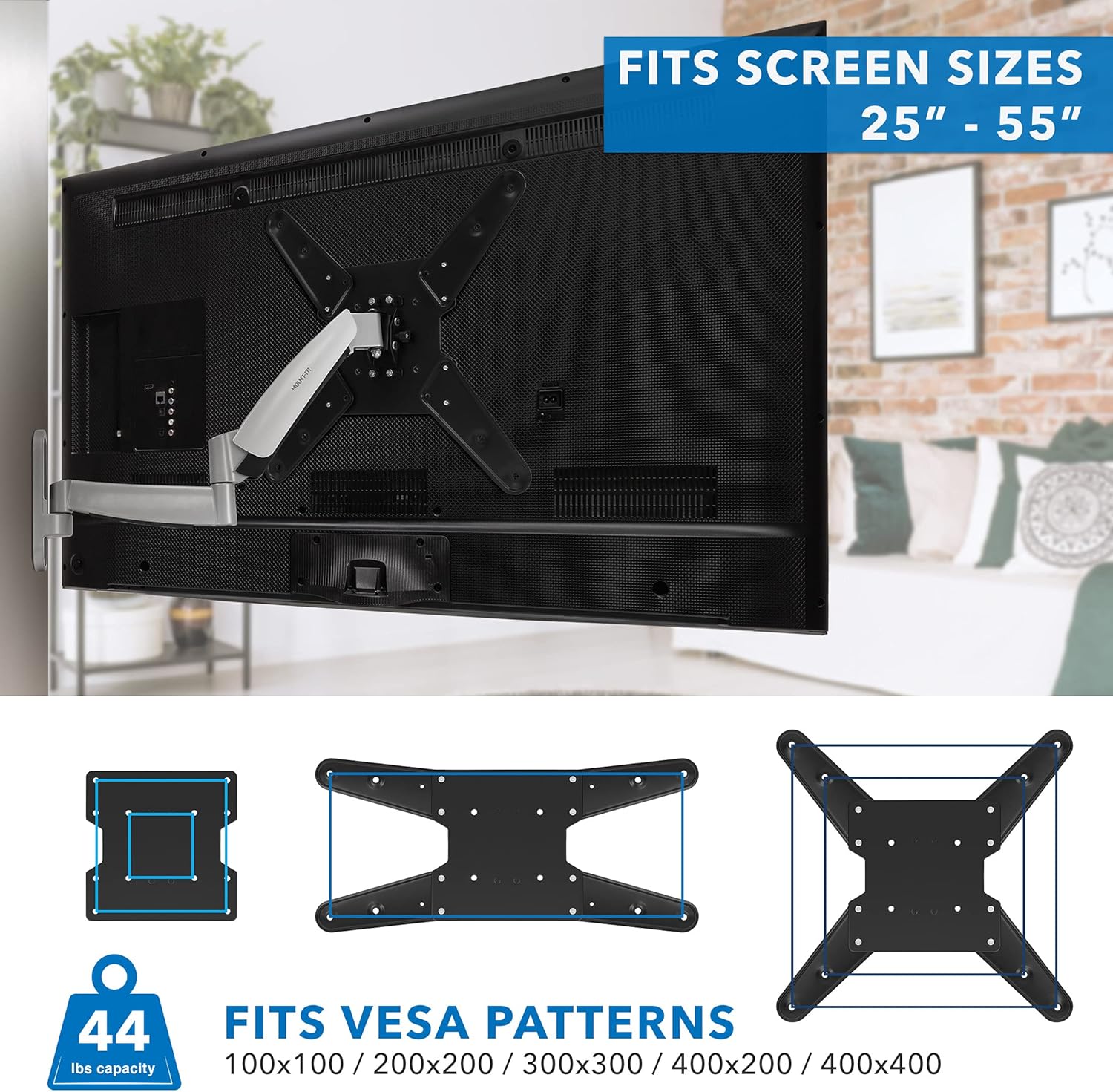 Mount-It! Full Motion Gas Spring TV Wall Mount for 25–55 Inch LED LCD OLED Flat Screen TVs | Height Adjustable 13.5' Articulating Arm | VESA 100x100 to 400x400 | 44 lb Capacity | Single Stud | Silver