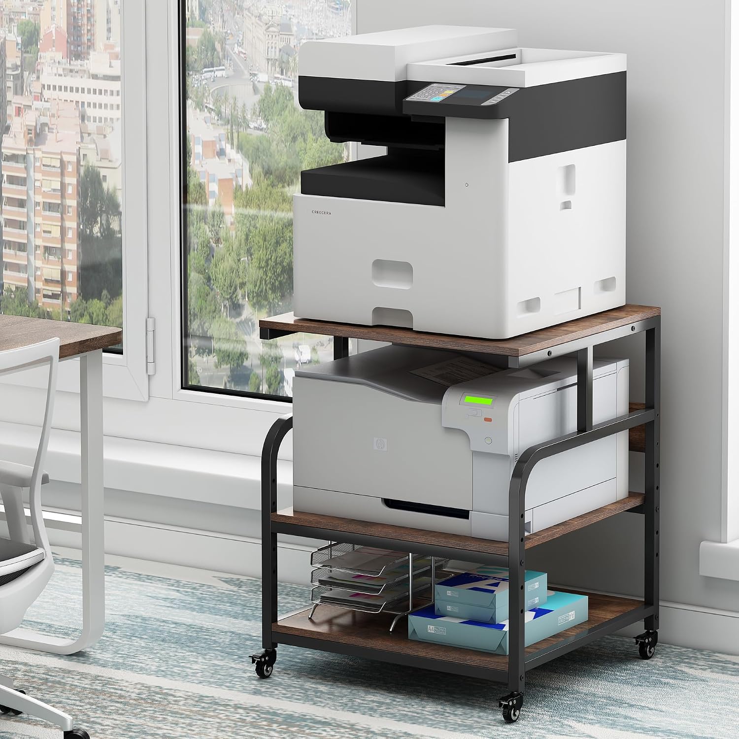 Fannova 23.6' Deep Extra Large Printer Stand, 3 Tier Printer Table with Adjustable Storage Shelf, Rolling Printer Cart with Industrial Wheels for Home Office, Rustic Brown