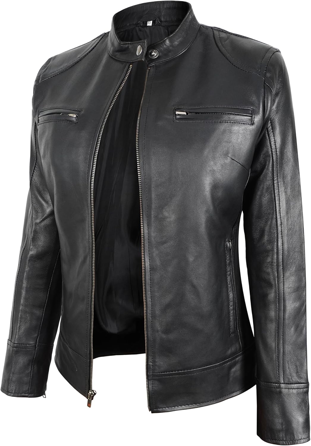 Women Lambskin Leather Biker Jacket - Ladies Black Real Leather Vintage Motorcycle Jacket for Woman