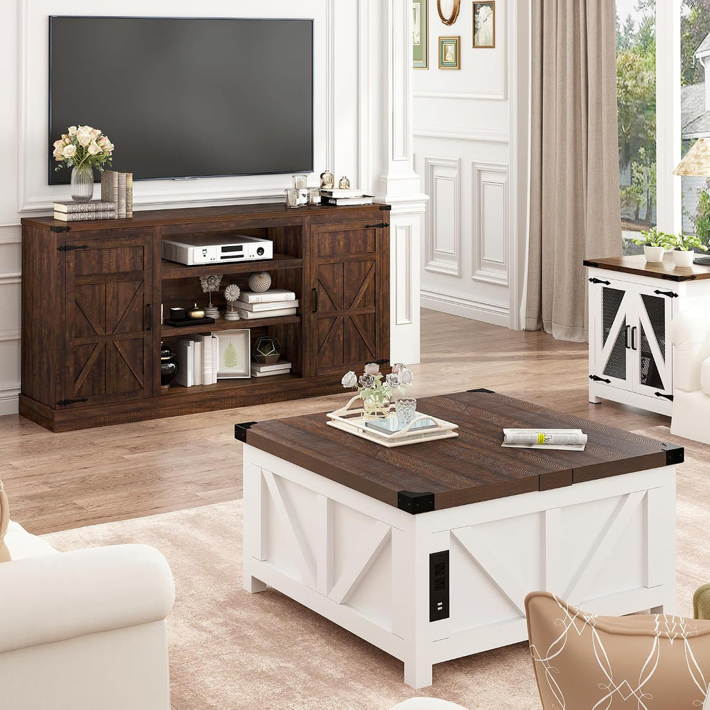 Hlivelood 66' Farmhouse TV Stand with Power Outlets for 75 Inch TVs, 33' Tall Entertainment Center with Storage Cabinets w/Adjustable Shelves, Rustic Large TV Media Console for Living Room, Brown
