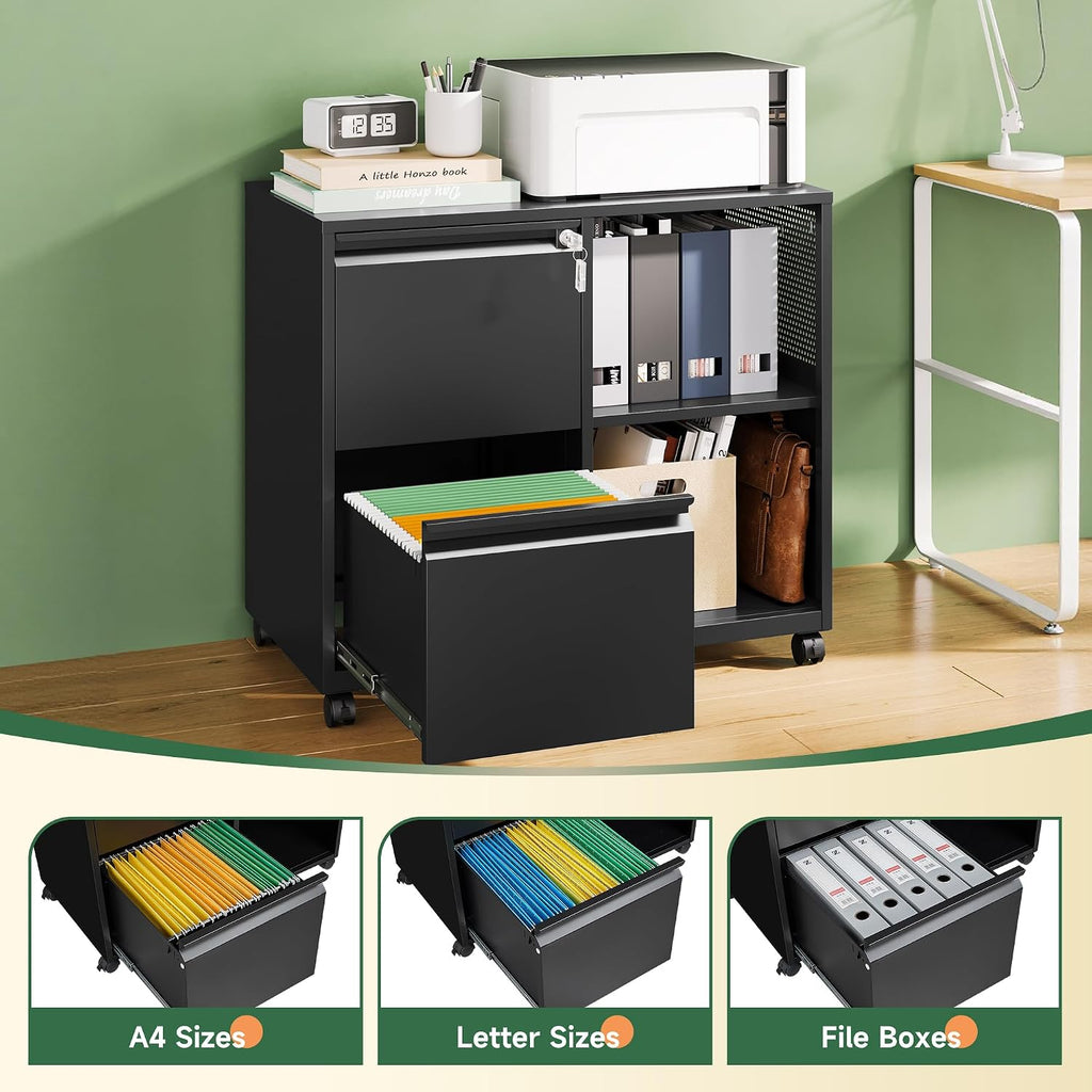 Letaya Mobile File Cabinet, Metal Lateral Rolling Printer Stand Filing Cabinets with Shelves for Home Office-Storage A4/F4 (Black)
