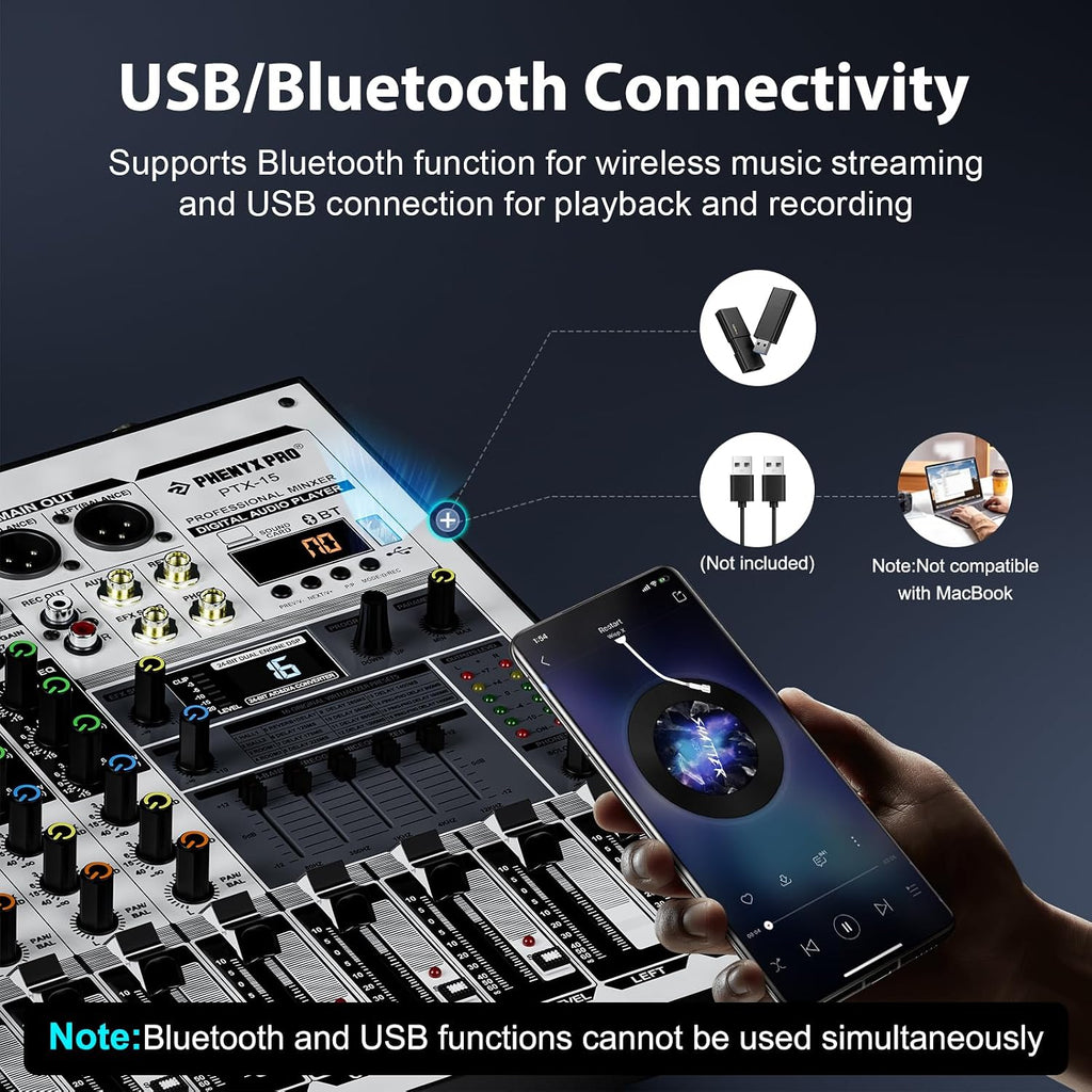 Professional Audio Mixer, Phenyx Pro Sound Console w/USB Audio Interface, 4-Channel Sound board DJ Mixer w/Stereo Equalizer, 16 DSP Effects, suitable for Stage, Live Gigs, and Karaoke (PTX-15)
