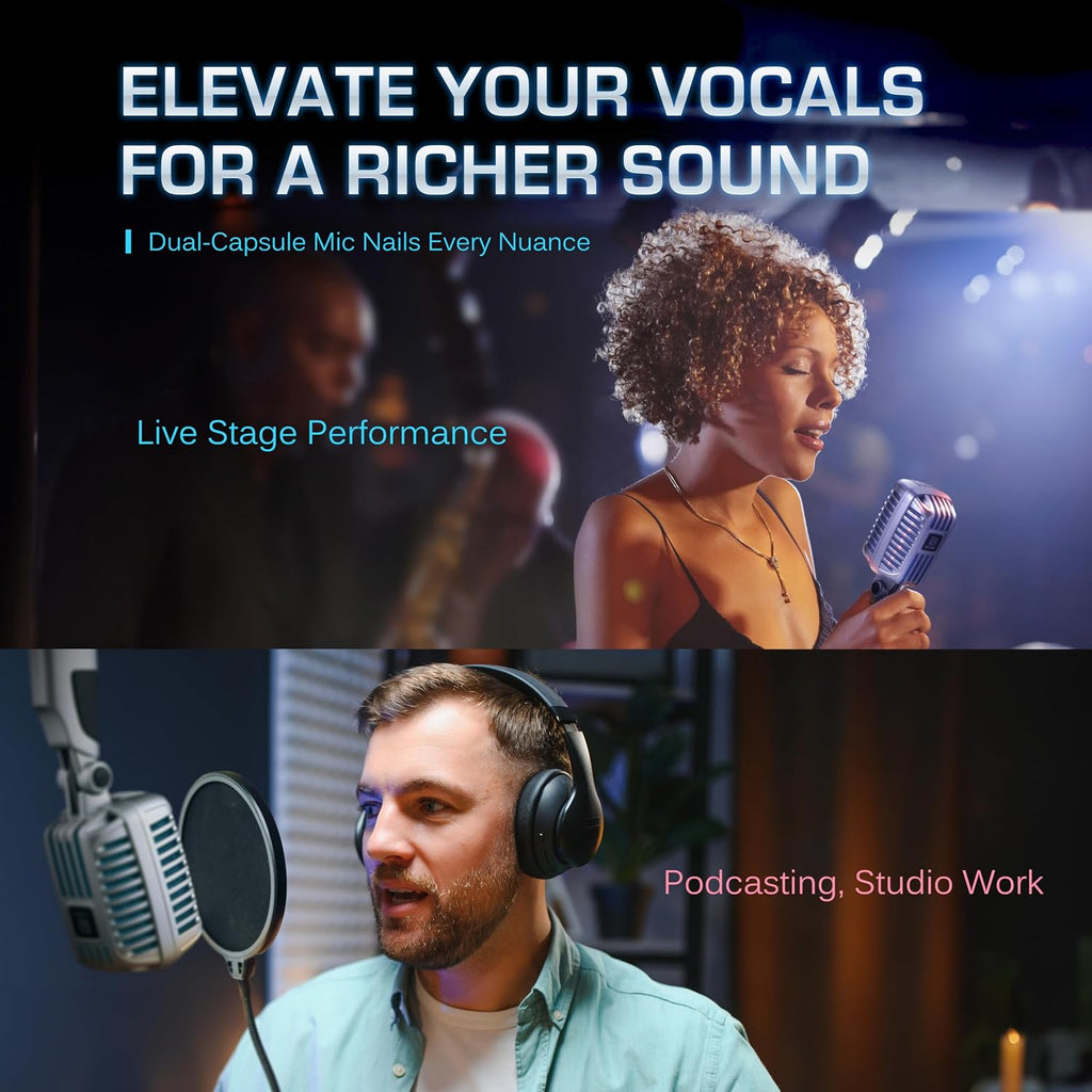 CAROL CLM-101 Professional Vintage Wired Microphone – Dynamic Supercardioid with Dual Microphone-Capsules for Singing, Karaoke, and Stage, Includes Mic, Storage Bag & Switch(Cable Not Included) - Blue