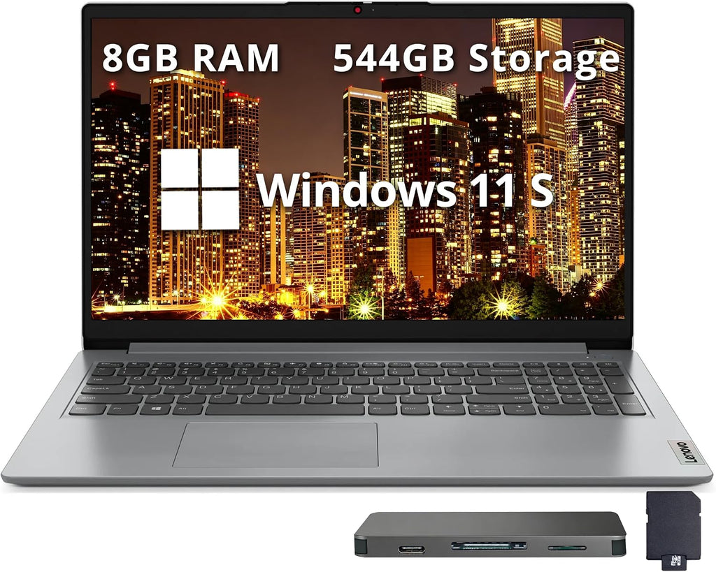 Lenovo IdeaPad 1 15.6' HD Laptop, Intel Pentium Silver N6000, 8GB RAM, 544GB Storage (256GB SSD+128GB eMMC+160GB Docking Station Set), Intel UHD Graphics, Num Pad, 1 Year Office 365, Win 11 S, Gray