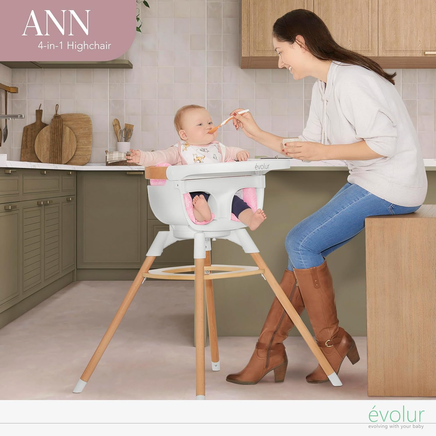 Evolur Ann Beechwood 4-in-1 Highchair | 360 Seat Rotation | Booster seat | Floor Chair | Bar Stool Chair | 5 Point Safety Harness | Pink