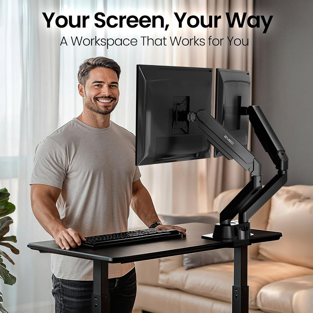 EVEO Premium Dual Monitor Mount 14'-32' Dual Monitor Arm VESA Bracket Adjustable Height Gas Spring Dual Monitor Stand, Screen Full Motion Dual Monitor Arm-Computer Monitor Stand for 2 Screens - Black