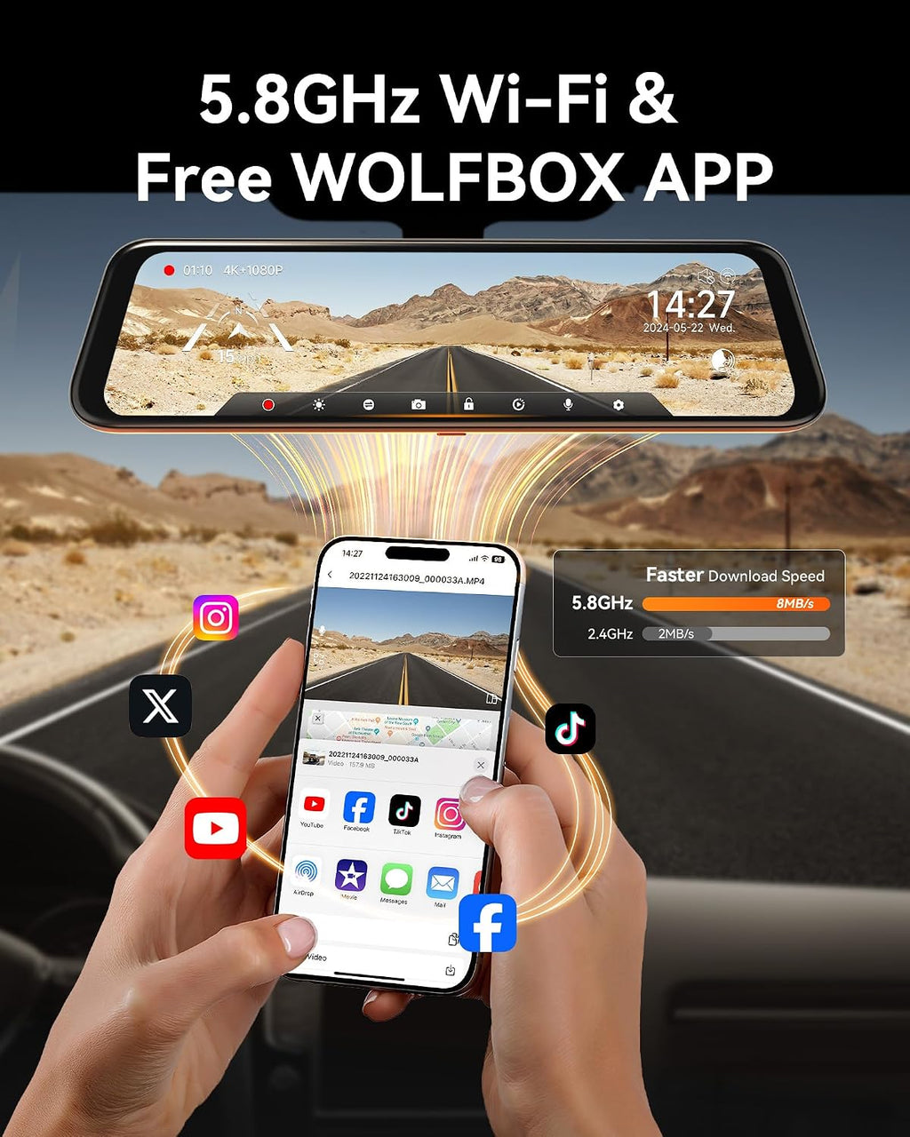 WOLFBOX G850 12' 4K Rear View Mirror Camera with 5.8GHz WiFi and Voice Control, Smart Mirror Dash Cam Front and Rear, Backup Camera with 1080P, Dash Cam with WDR, Includes 64GB Card & GPS