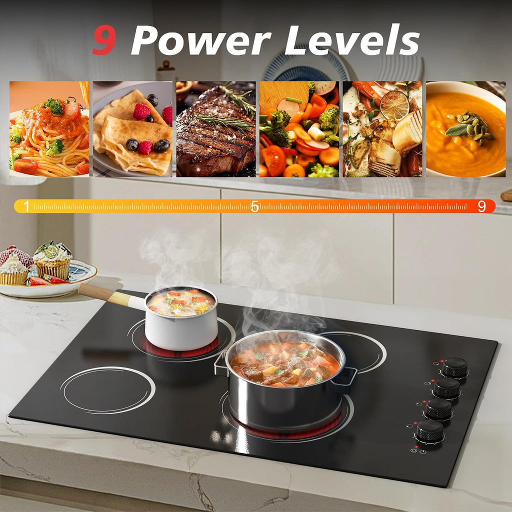 30 Inch Electric Cooktop 4 Burners with Knob Control,6700W Built-in Radiant Electric Cooktop, 9 Power Levels, Hot Warning, 220V Hard Wire(No Plug)