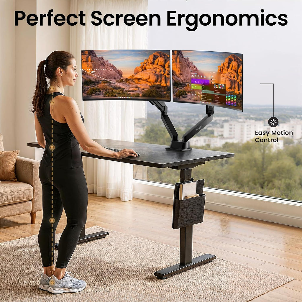 EVEO Premium Dual Monitor Mount 14'-32' Dual Monitor Arm VESA Bracket Adjustable Height Gas Spring Dual Monitor Stand, Screen Full Motion Dual Monitor Arm-Computer Monitor Stand for 2 Screens - Black