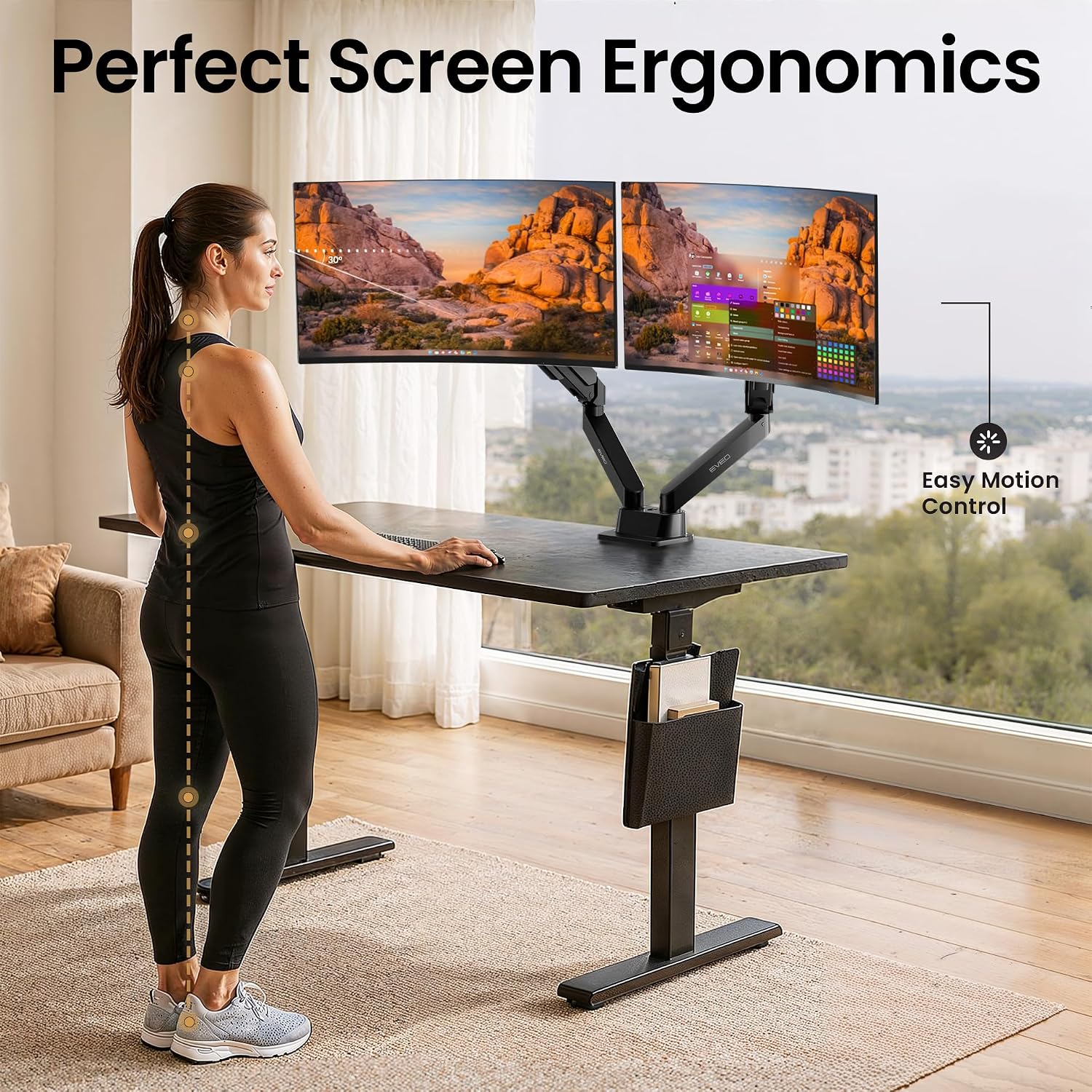 EVEO Premium Dual Monitor Mount 14'-32' Dual Monitor Arm VESA Bracket Adjustable Height Gas Spring Dual Monitor Stand, Screen Full Motion Dual Monitor Arm-Computer Monitor Stand for 2 Screens - Black
