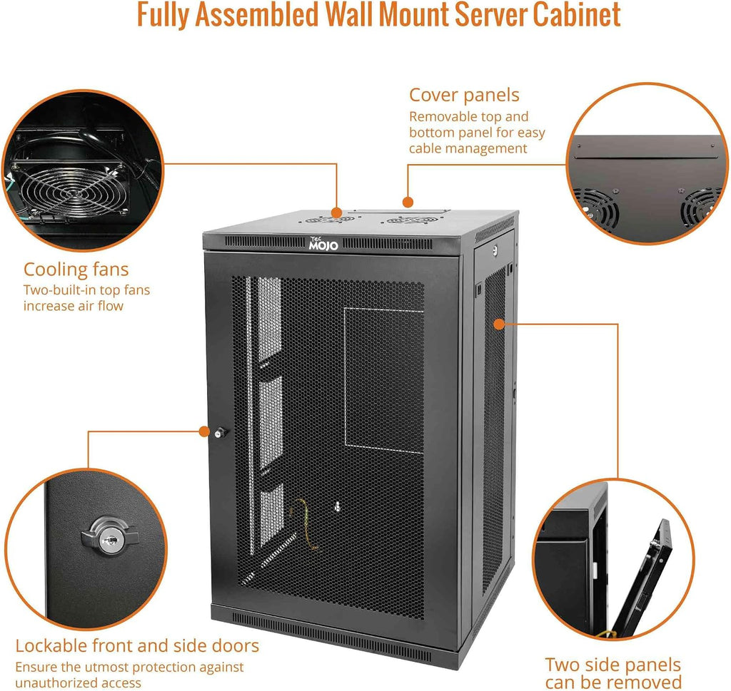 Tecmojo 18U Wall Mount Rack,18U Rack 17.7 Inch Depth,Hold Up to 176 Lbs,Enclosed Wall Mount Rack Kit for 19 Inch Network,Server and AV Gear,Mesh Door(Elite Collection)