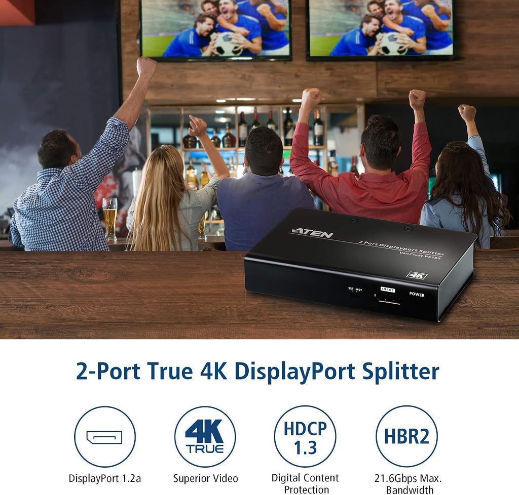 ATEN VS192 2-Port True 4K DisplayPort Splitter SST Split or MST Extended Display - Connect 1 DP Source to 2 Display Port Computer Monitor - TAA Compliant - Metal