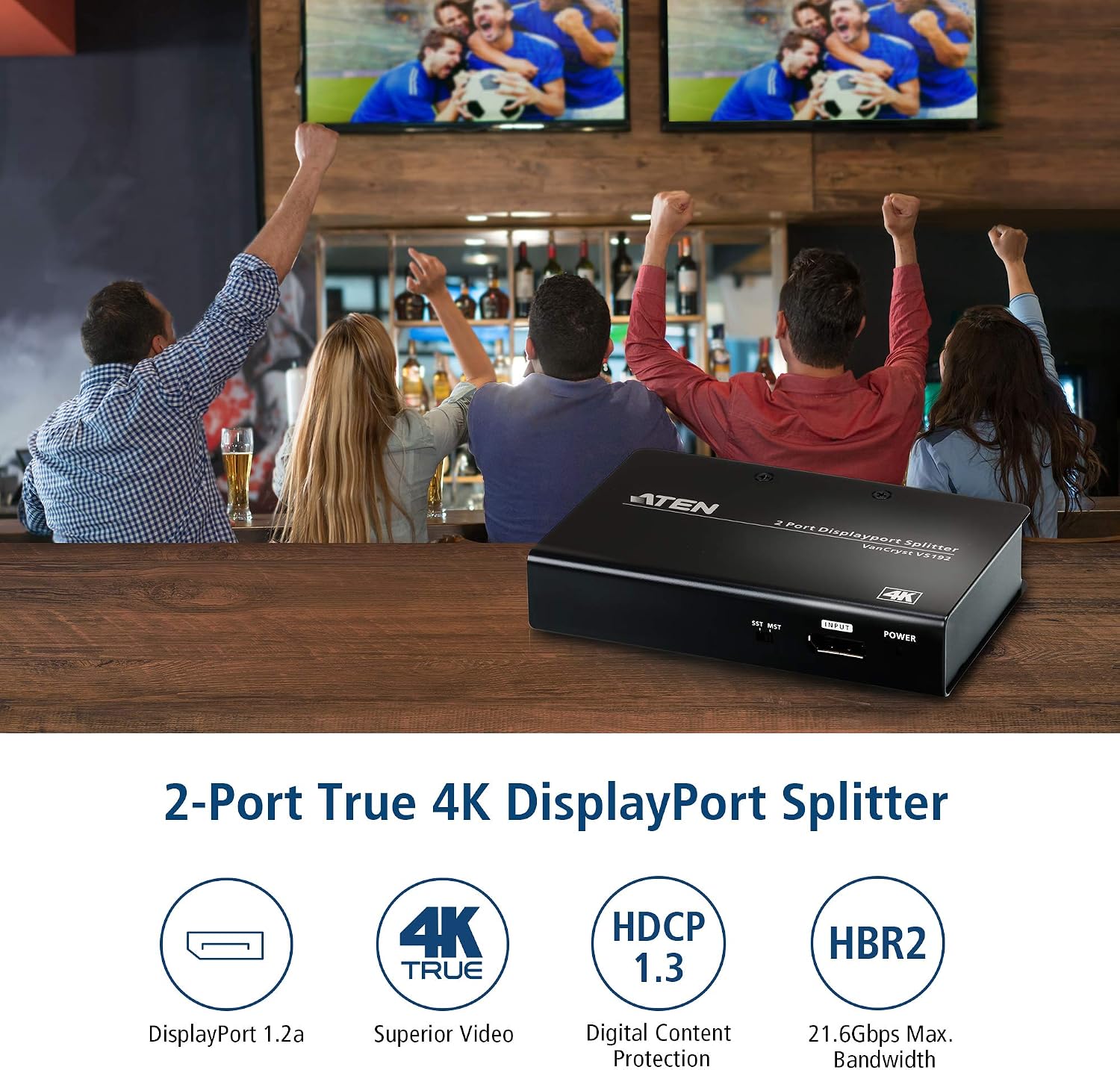 ATEN VS192 2-Port True 4K DisplayPort Splitter SST Split or MST Extended Display - Connect 1 DP Source to 2 Display Port Computer Monitor - TAA Compliant - Metal