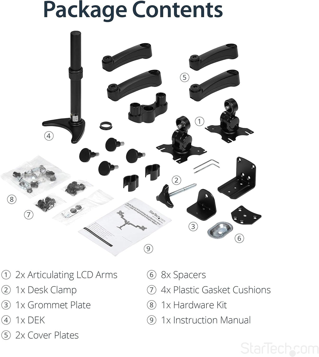 StarTech.com Desk Mount Dual Monitor Arm - Articulating - Supports Monitors 12'' to 24' (29.9lb/13.6kg) - Adjustable VESA Monitor Arm - Grommet or Desk Mount - Black (ARMDUAL)