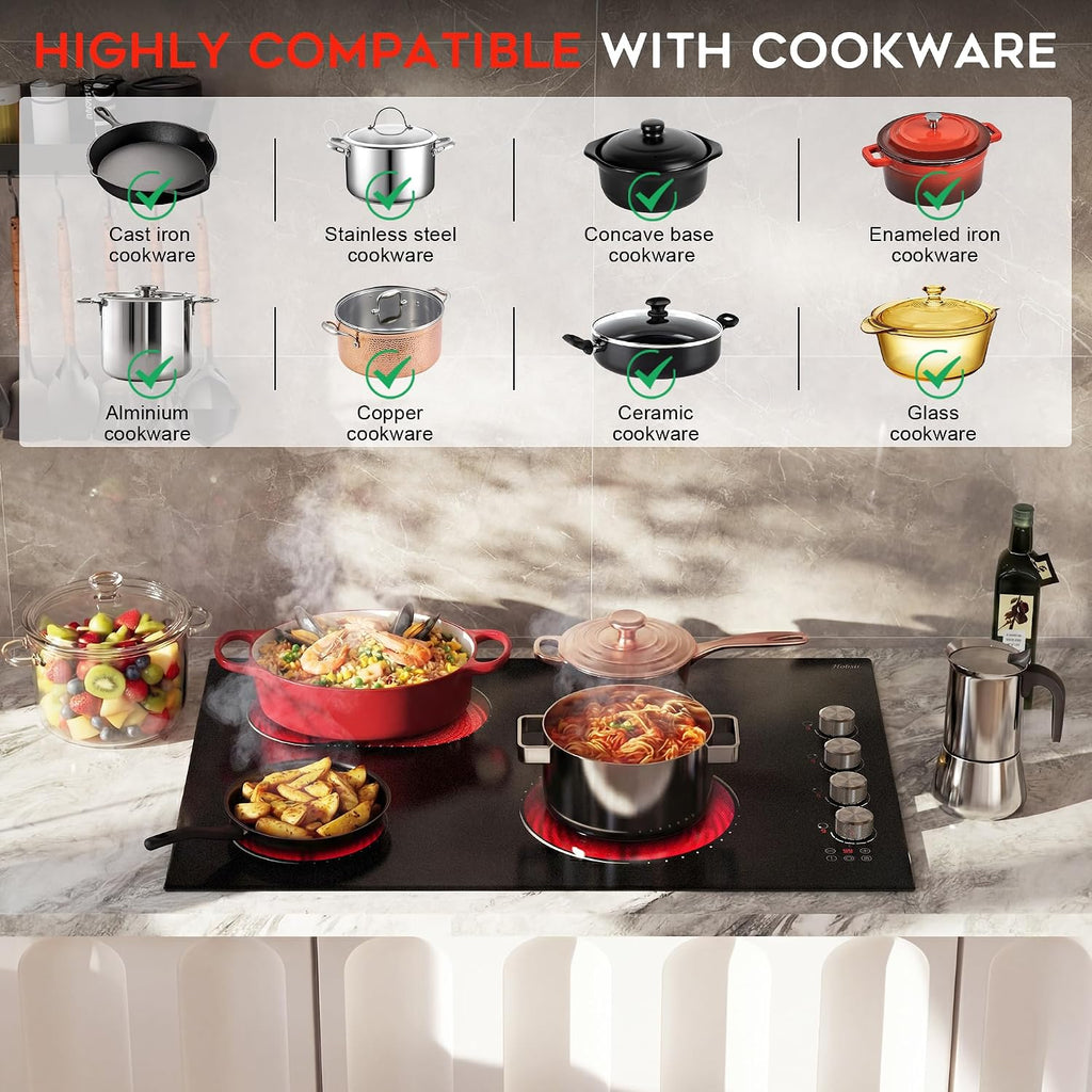 Electric Cooktop 30 Inch Hobsir, 4 Burner Electric Stove Top 6700W, Dual-Ring Burner & Oval Burner, 9 Power Level, 30 Inch Cook top with Safety Lock, Timer, Silver Knob