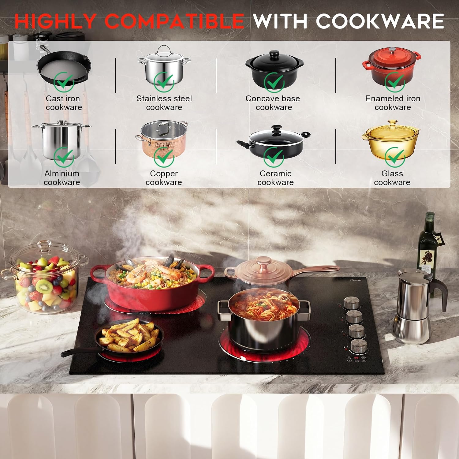 Electric Cooktop 30 Inch Hobsir, 4 Burner Electric Stove Top 6700W, Dual-Ring Burner & Oval Burner, 9 Power Level, 30 Inch Cook top with Safety Lock, Timer, Silver Knob