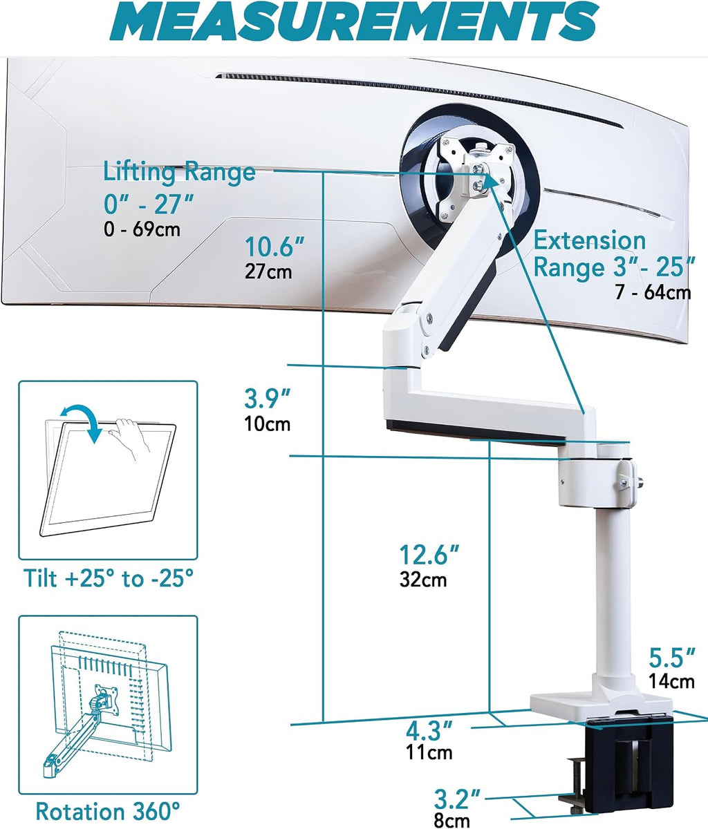 ULTRARM Heavy Duty Monitor Arm for Ultrawide Monitors up to 57' and 44 lbs, Single Desk Stand, Pneumatic Height Adjustable, Modular Extension Arms - Max VESA 100x100, White, MA20PW-S