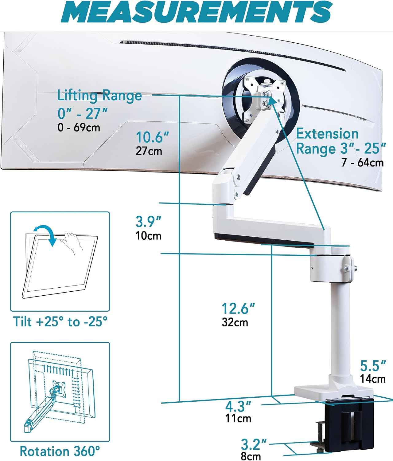 ULTRARM Heavy Duty Monitor Arm for Ultrawide Monitors up to 57' and 44 lbs, Single Desk Stand, Pneumatic Height Adjustable, Modular Extension Arms - Max VESA 100x100, White, MA20PW-S