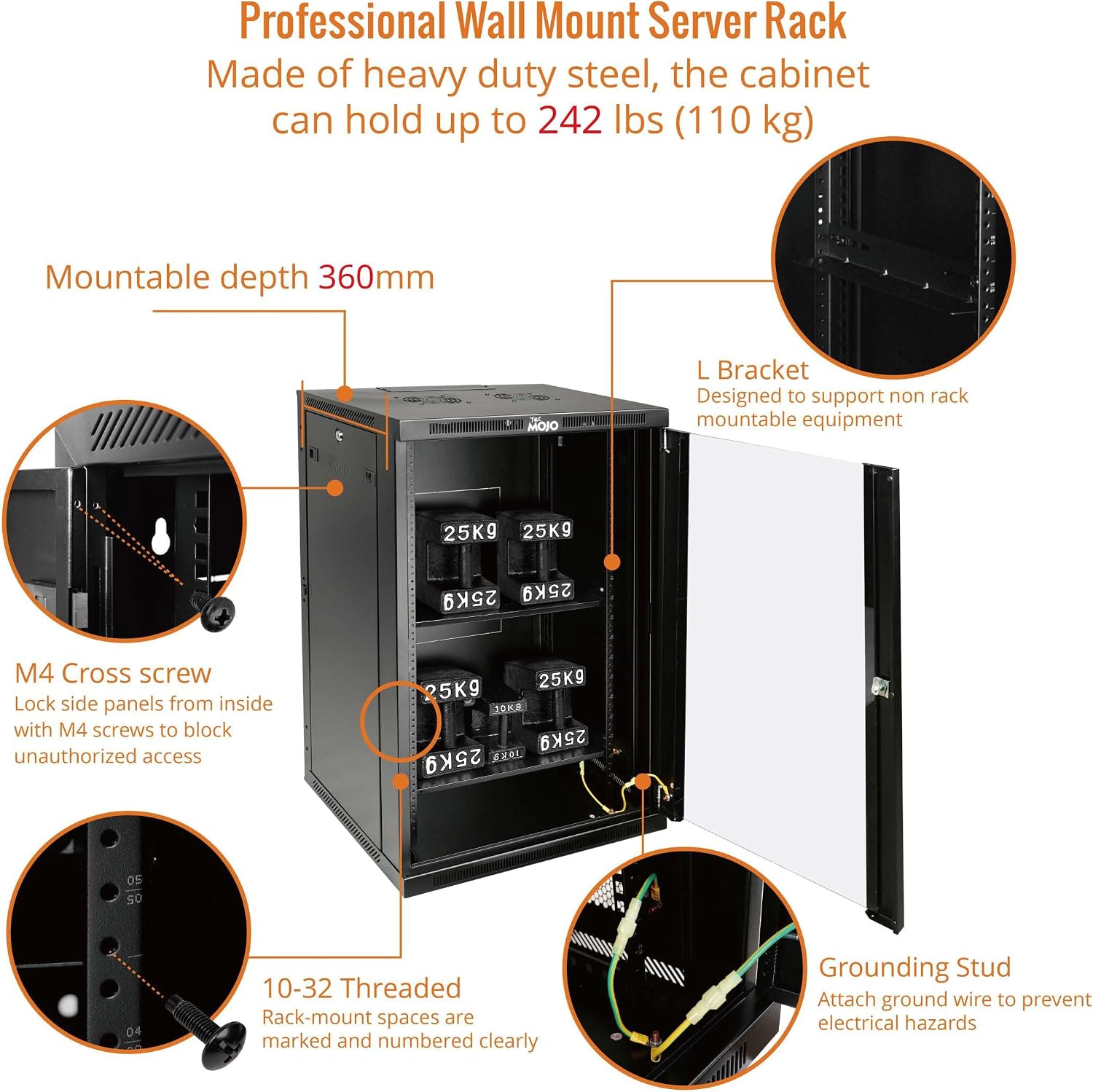 Tecmojo 18U Wall Mount Rack,18U Rack 23.6 Inch Depth,Hold Up to 176 Lbs,Enclosed Wall Mount Rack Kit for 19 Inch Network,Server and AV Gear,Glass Door(Elite Collection)