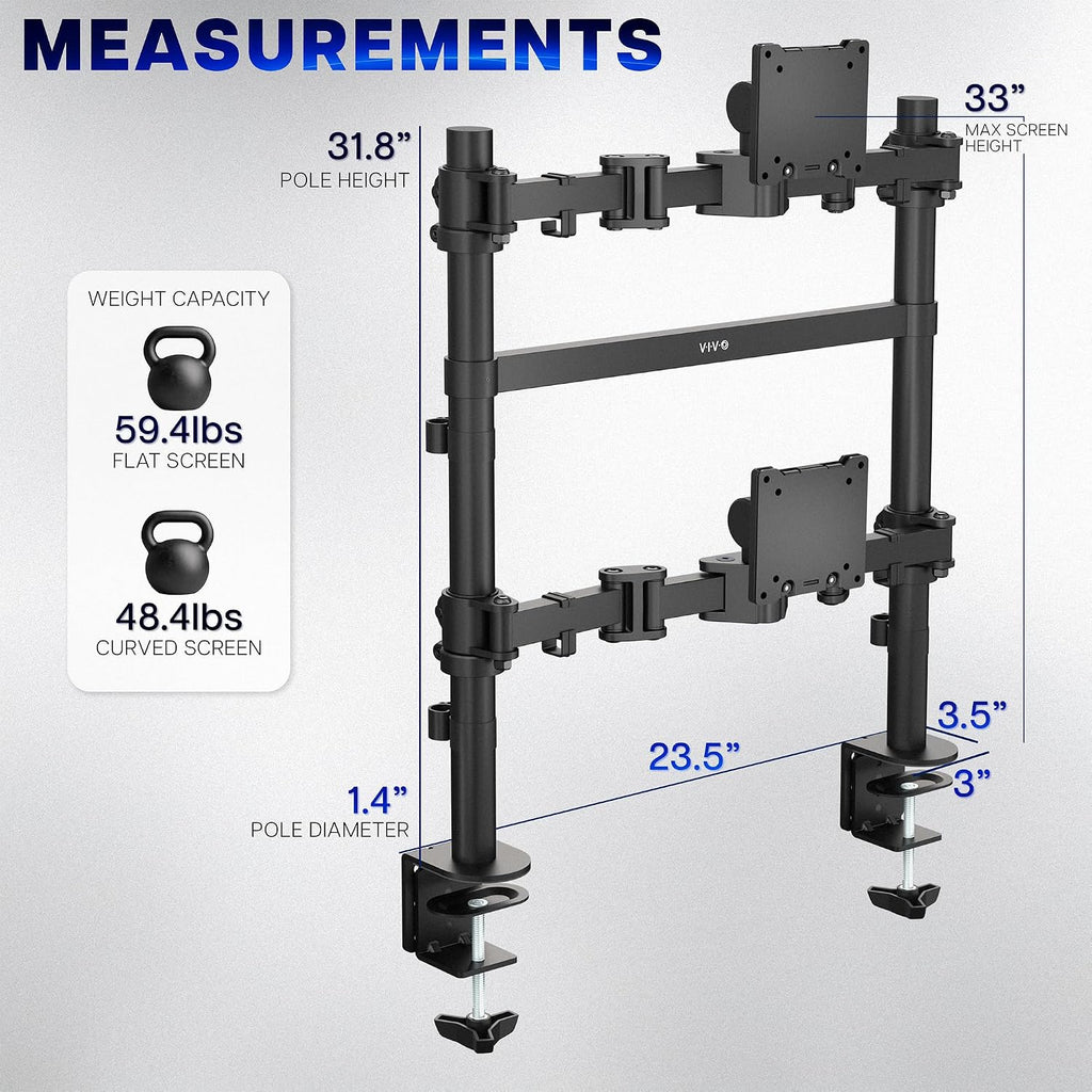 VIVO Clamp-on Double Pole Ultra Wide Monitor Desk Mount for 2 Utrawides up to 57 inches, 59.4 lbs Capacity Each, Low Profile Heavy Duty Vertical Dual Monitor Stand, Black, STAND-257C