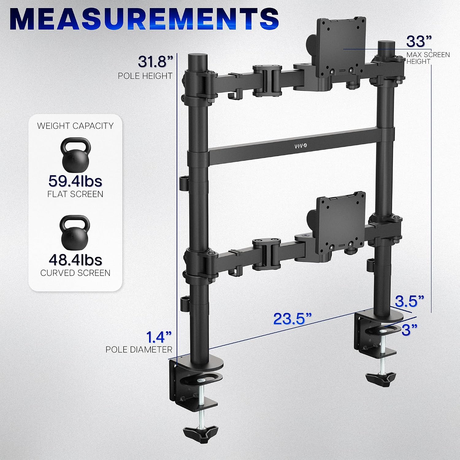 VIVO Clamp-on Double Pole Ultra Wide Monitor Desk Mount for 2 Utrawides up to 57 inches, 59.4 lbs Capacity Each, Low Profile Heavy Duty Vertical Dual Monitor Stand, Black, STAND-257C