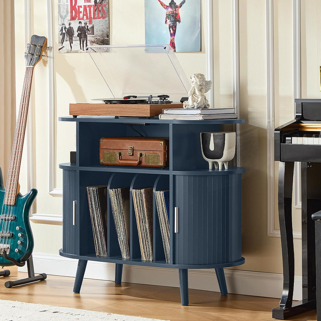 LELELINKY Small Round Record Player Stand with Charging Station & Fluted Panel,Navy Blue Mid Century Modern Turntable Cabinet with Vinyl Storage, Arched Wood Record Player Table for Living Room