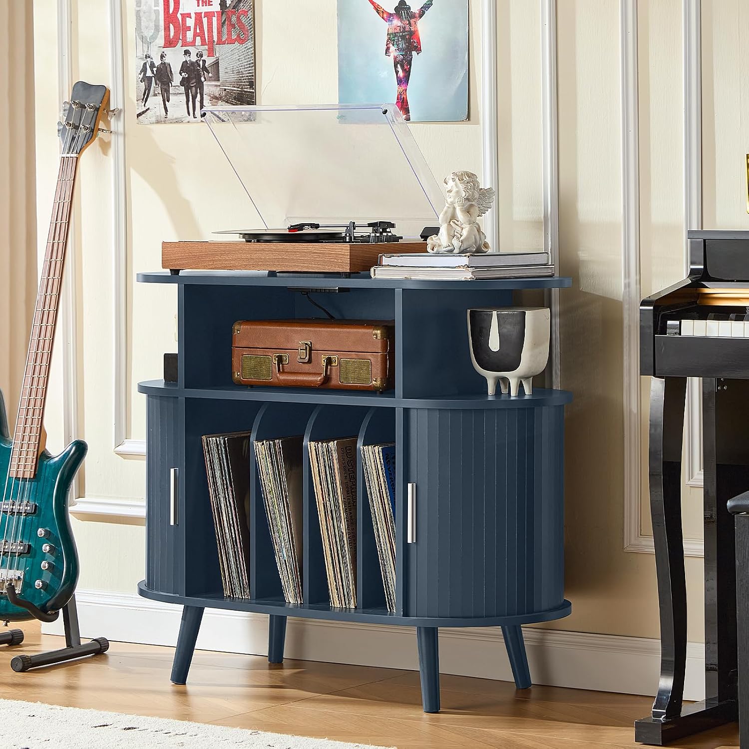 LELELINKY Small Round Record Player Stand with Charging Station & Fluted Panel,Navy Blue Mid Century Modern Turntable Cabinet with Vinyl Storage, Arched Wood Record Player Table for Living Room