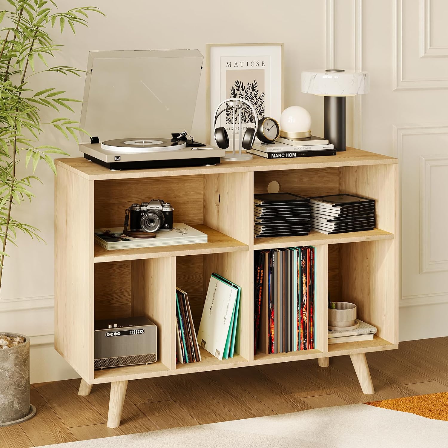 IDEALHOUSE Record Player Stand with Vinyl Storage, 39.5in Large Vinyl Record Holder Player Cabinet Wood Turntable Stand Up to 350 Albums with Charging Station for Living Room, Natural
