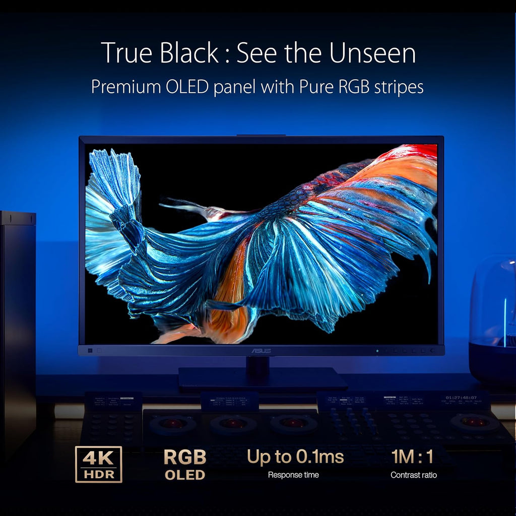 ASUS ProArt Display 27'4K HDR RGB OLED Professional Monitor (PA27DCE-K) - UHD (3840 x 2160), 99% DCI-P3, HLG, ΔE < 1, USB-C PD 80W, Hardware Calibration, Calman Ready, X-rite i1 Display Pro Calibrator